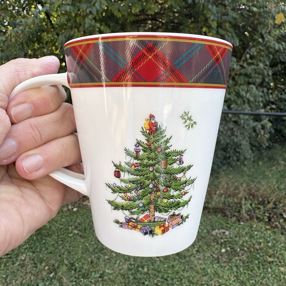 Spode Christmas Tree Tartan Mug Plaid Border 14 oz W/Spoon Porcelain New In Box